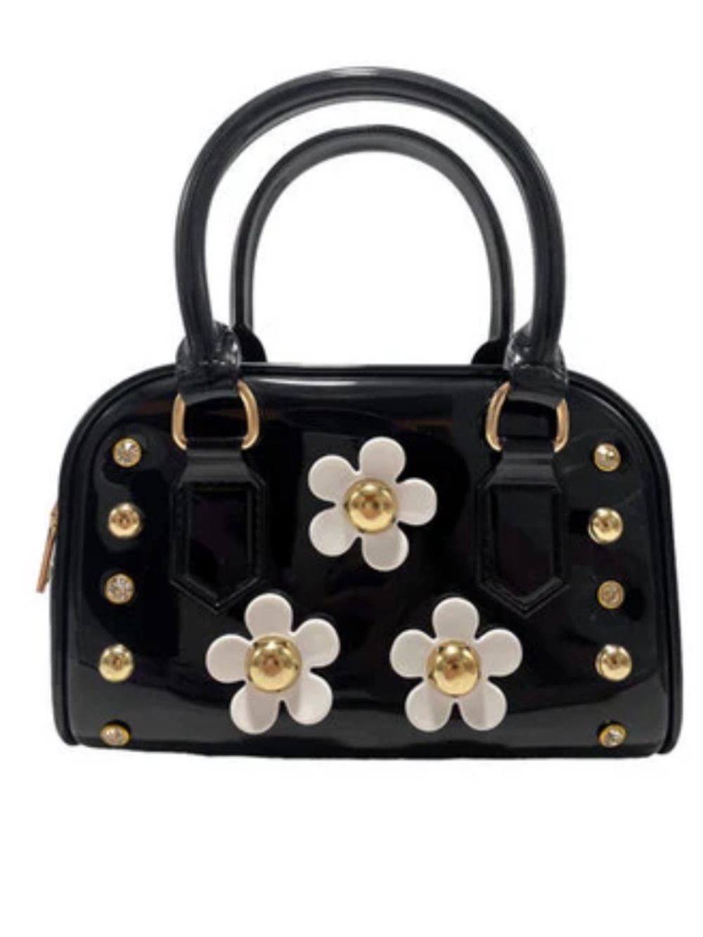 NWT Doe a Dear Girls/Youth Black Floral Shiny Jelly Barrel Purse